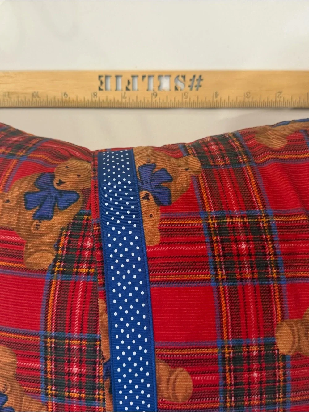 Red Plaid Teddy Bear Accent Pillow with Blue Ribbon Handle and Pocket